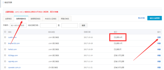 域名续费的列表图